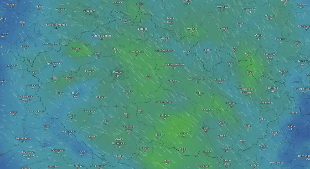 Snímek obrazovky 2026-01-08 v 103406 | TVGURU.cz Mapa zobrazující nedělní počasí v ČR