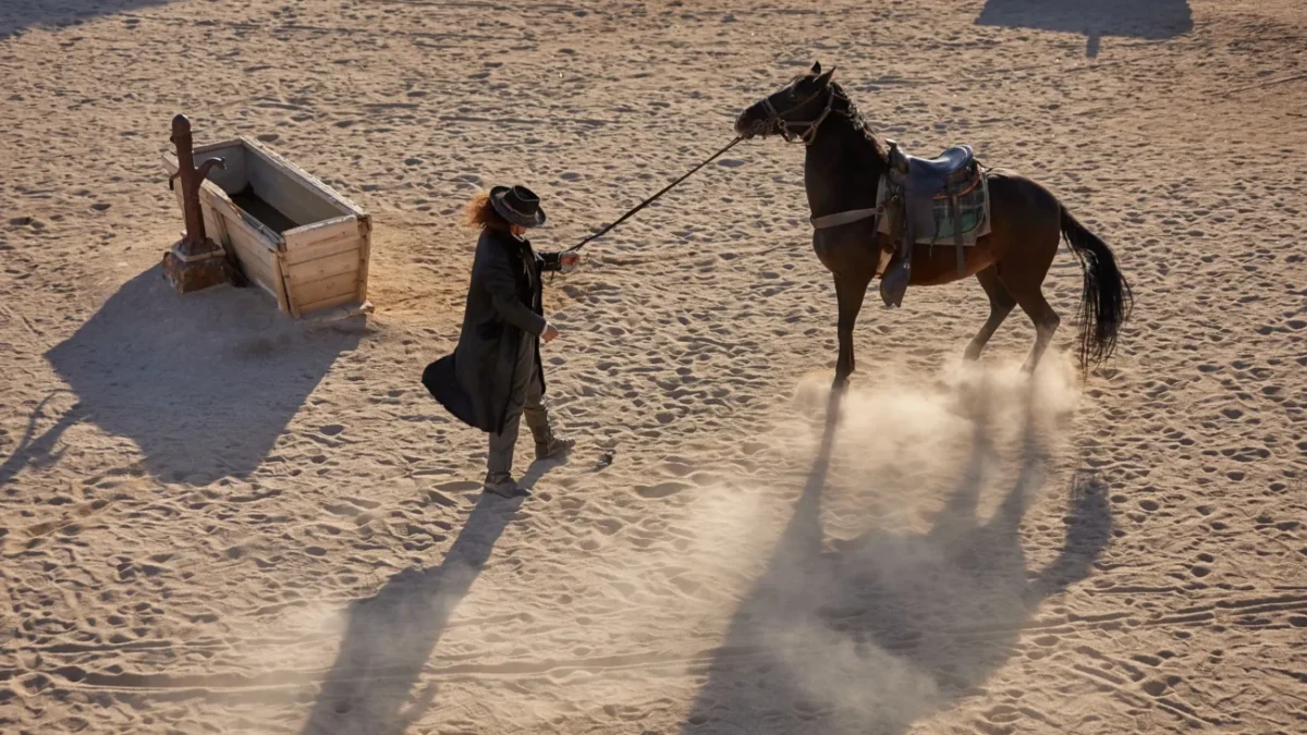 Muž drží na provaze koně.