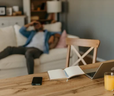 Na stole leží notebook s knihou a pitím.