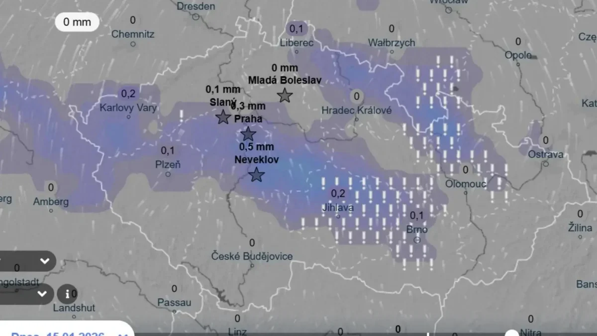 Srážky ve čtvrtek odpoledne podle GEM