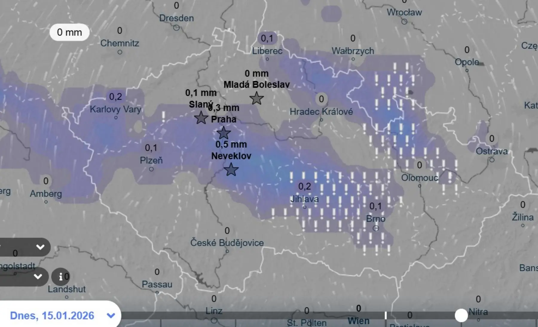 Srážky ve čtvrtek odpoledne podle GEM