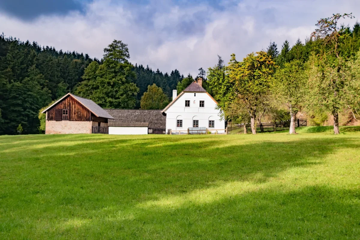 Pohled na louku s chalupou a mlýnem
