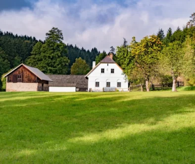 Pohled na louku s chalupou a mlýnem