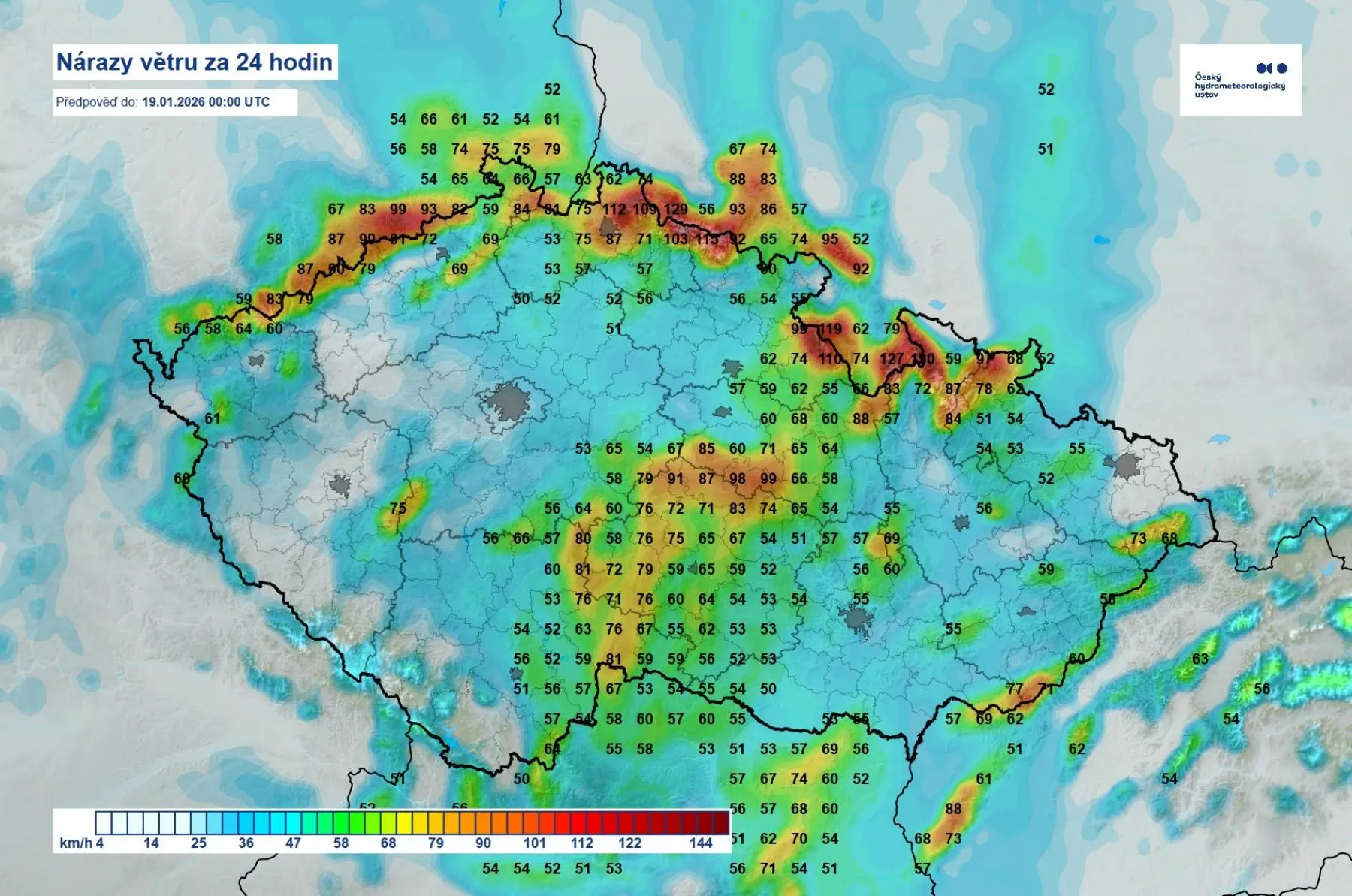 Nárazy větru podle CHMI