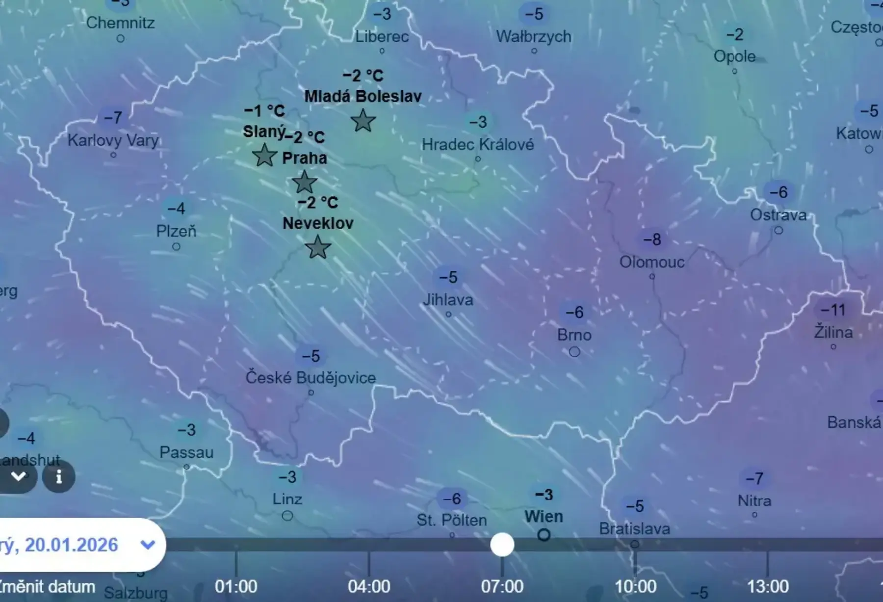 Teploty v úterý ráno podle GFS