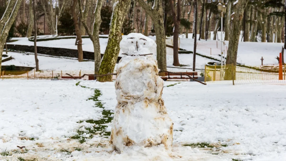zimní krajina s tajícím sněhulákem