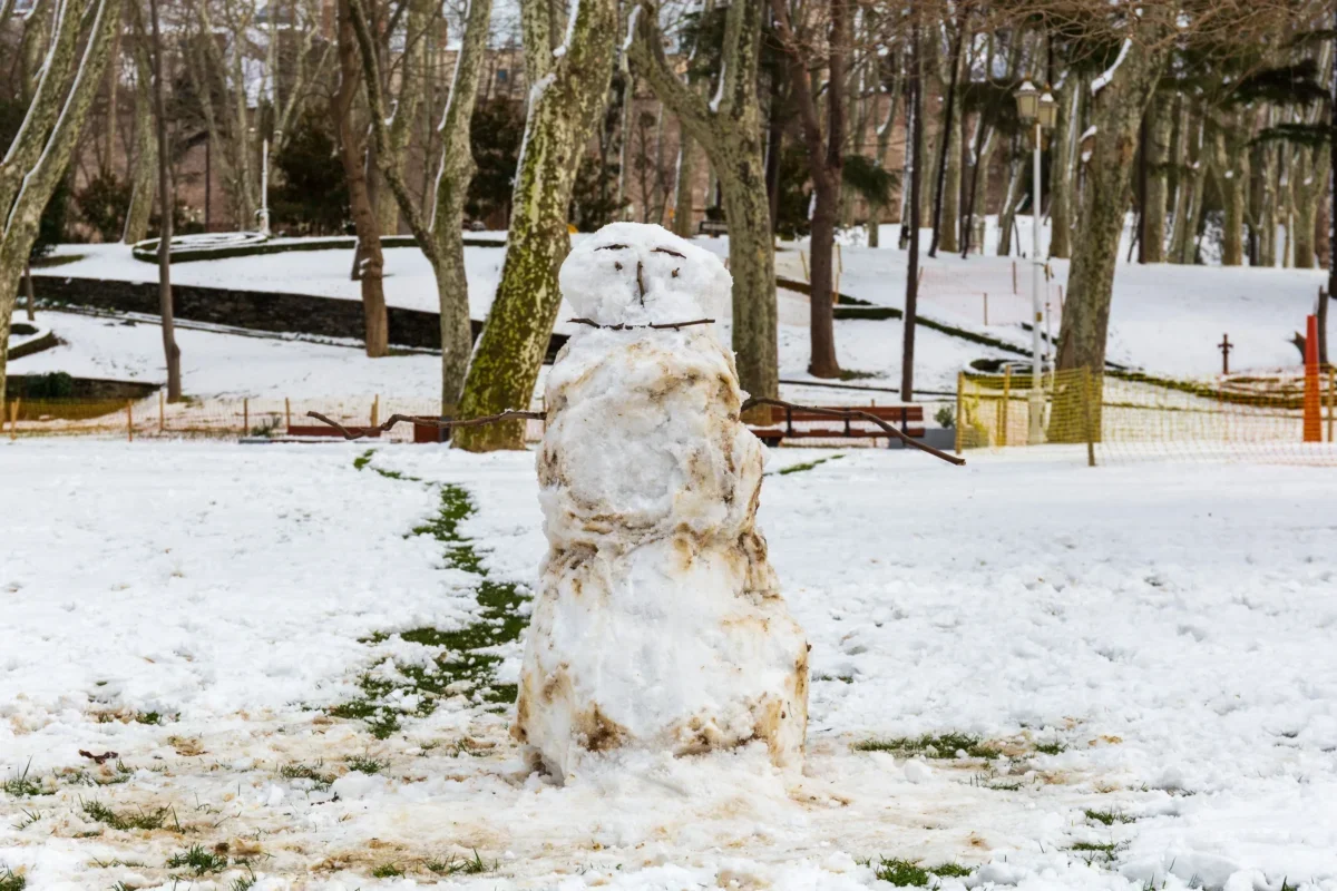 zimní krajina s tajícím sněhulákem