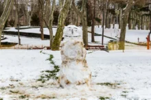 zimní krajina s tajícím sněhulákem