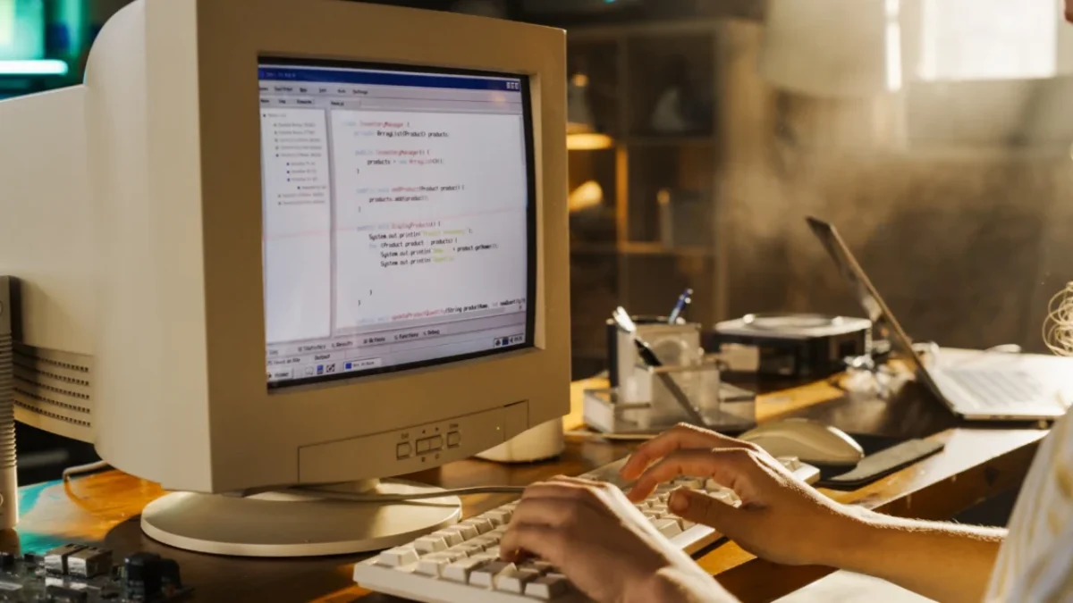 Žena píše na klávesnici u starého monitoru.