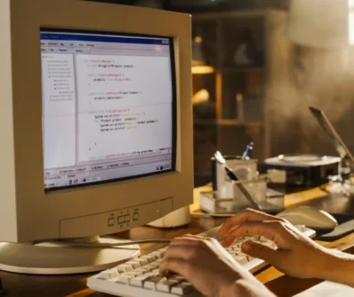 Žena píše na klávesnici u starého monitoru.