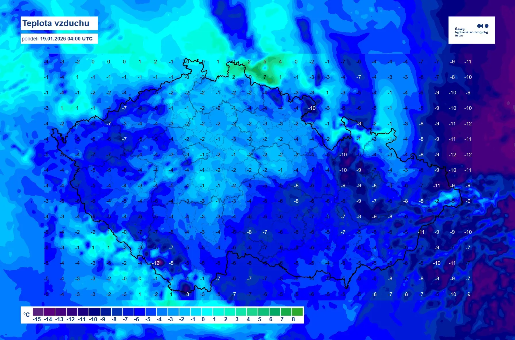 Teplotní mapa dnes ve 4 hodiny ráno