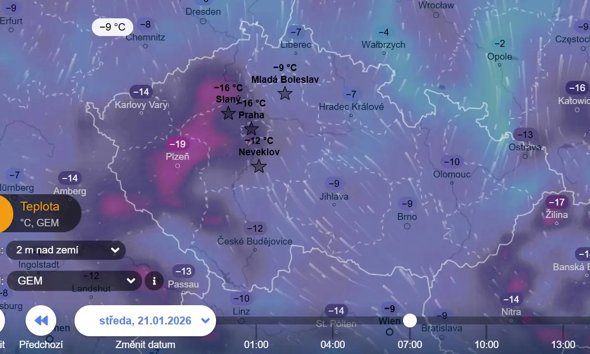 Teploty ve středu ráno podle GEM