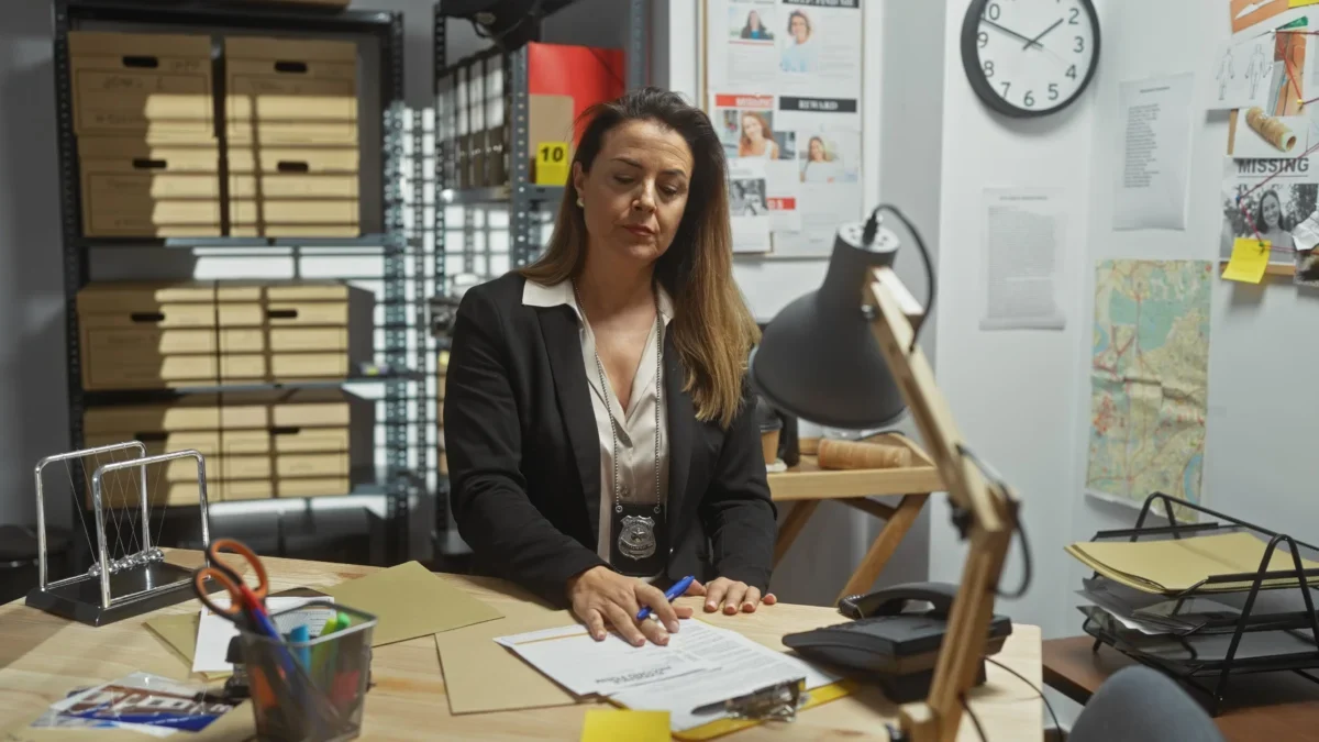 Žena detektiv sedí za stolem