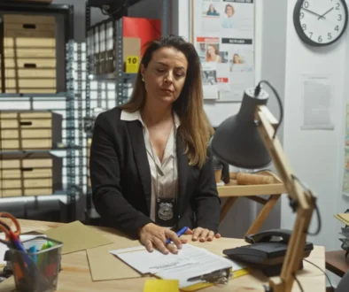 Žena detektiv sedí za stolem