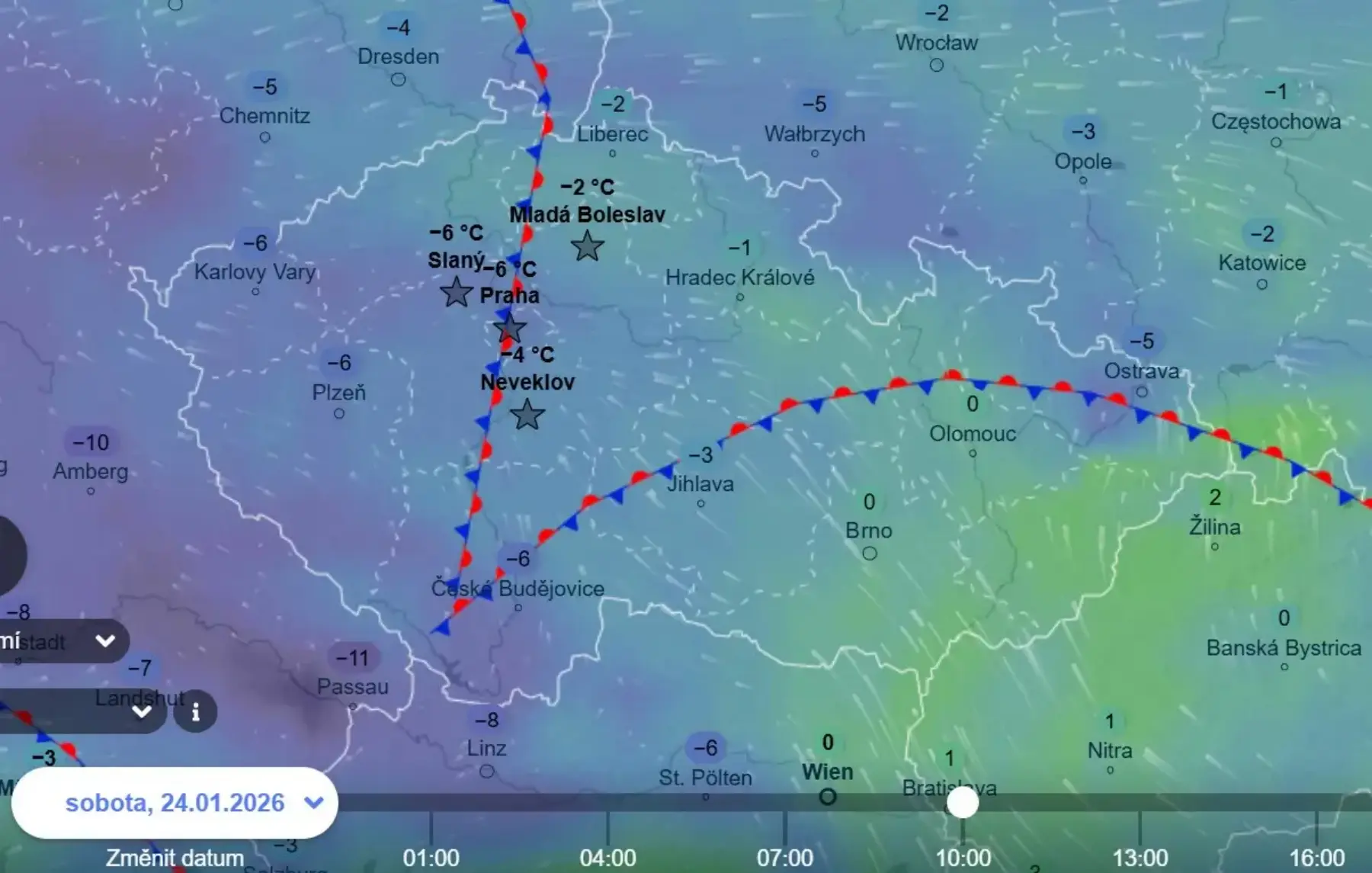 Přechod frontálních systémů a rozdíl teplot v západní a východní části ČR