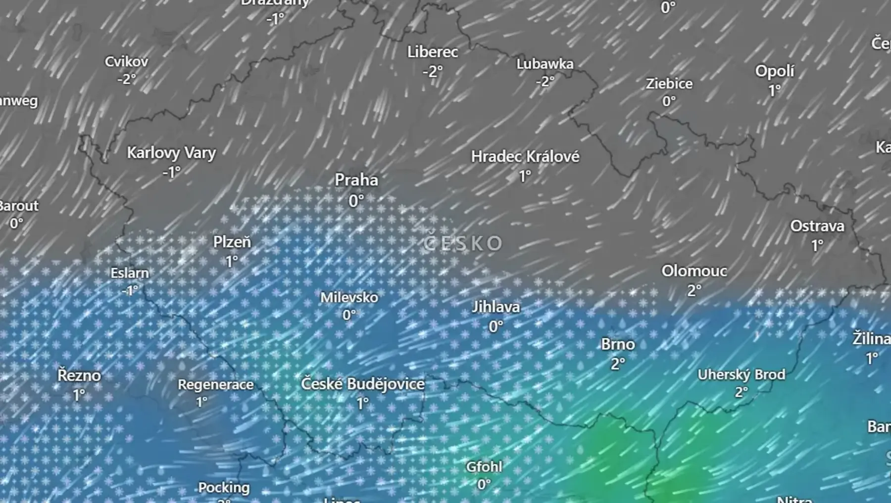 Sníh v neděli podle Windy