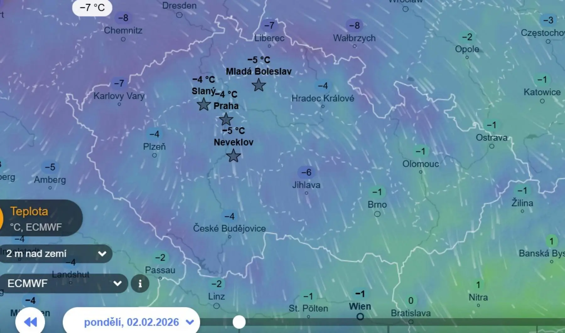 Teplota 2. února v 1 hodinu v noci podle ECMWF