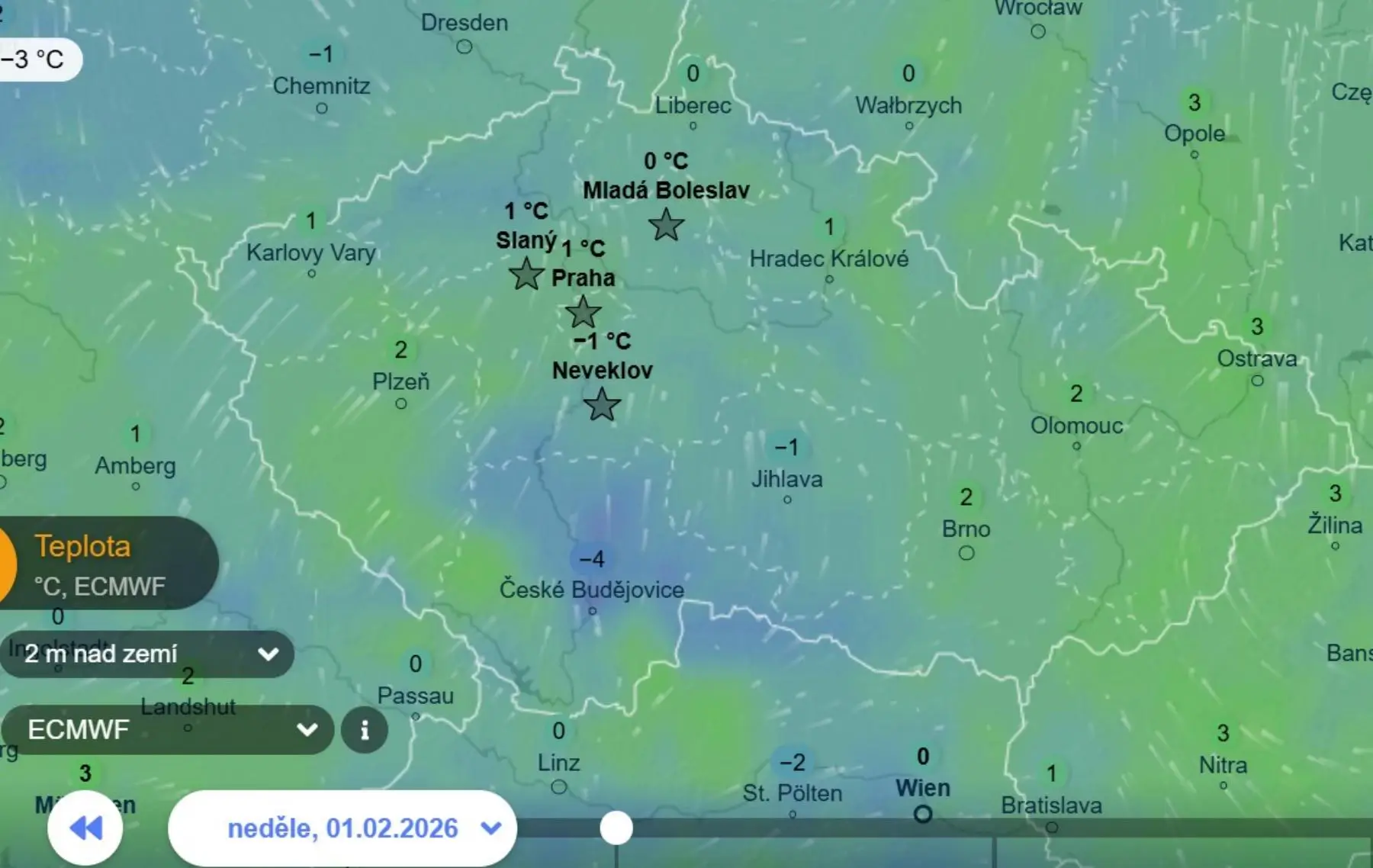 Teploty 1. února v 1 hodinu v noci podle ECMWF