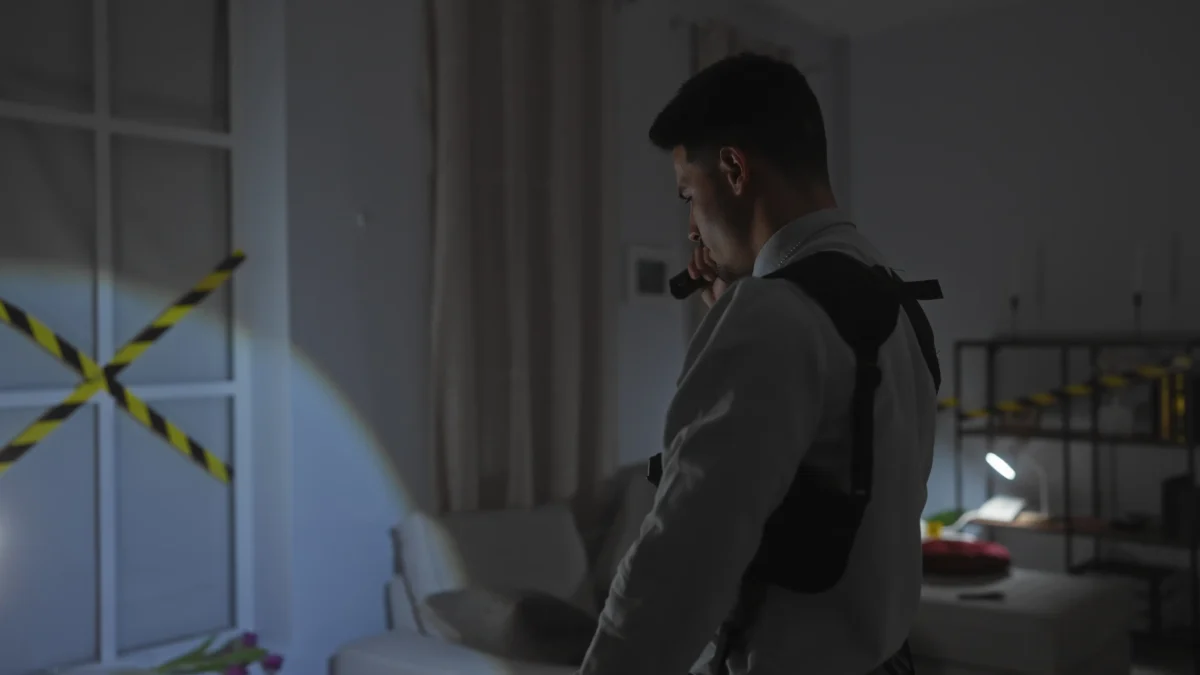 Policista si svítí baterkou.