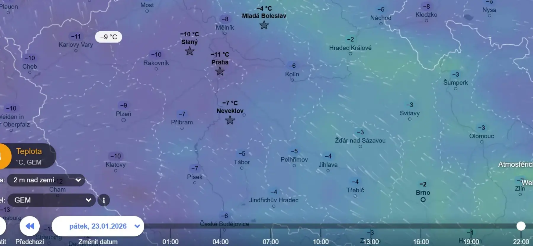 Rozdíl teplot na východě a západě republiky