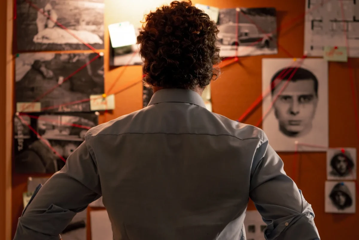 Detektiv u nástěnky s fotkami