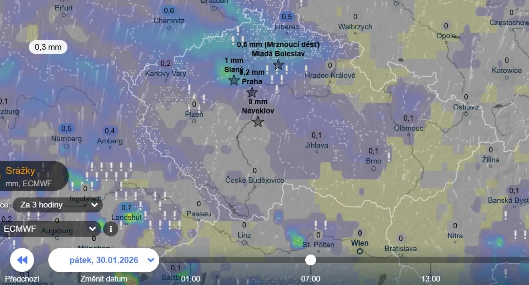 Srážky v pátek podle stejného modelu ECMWF