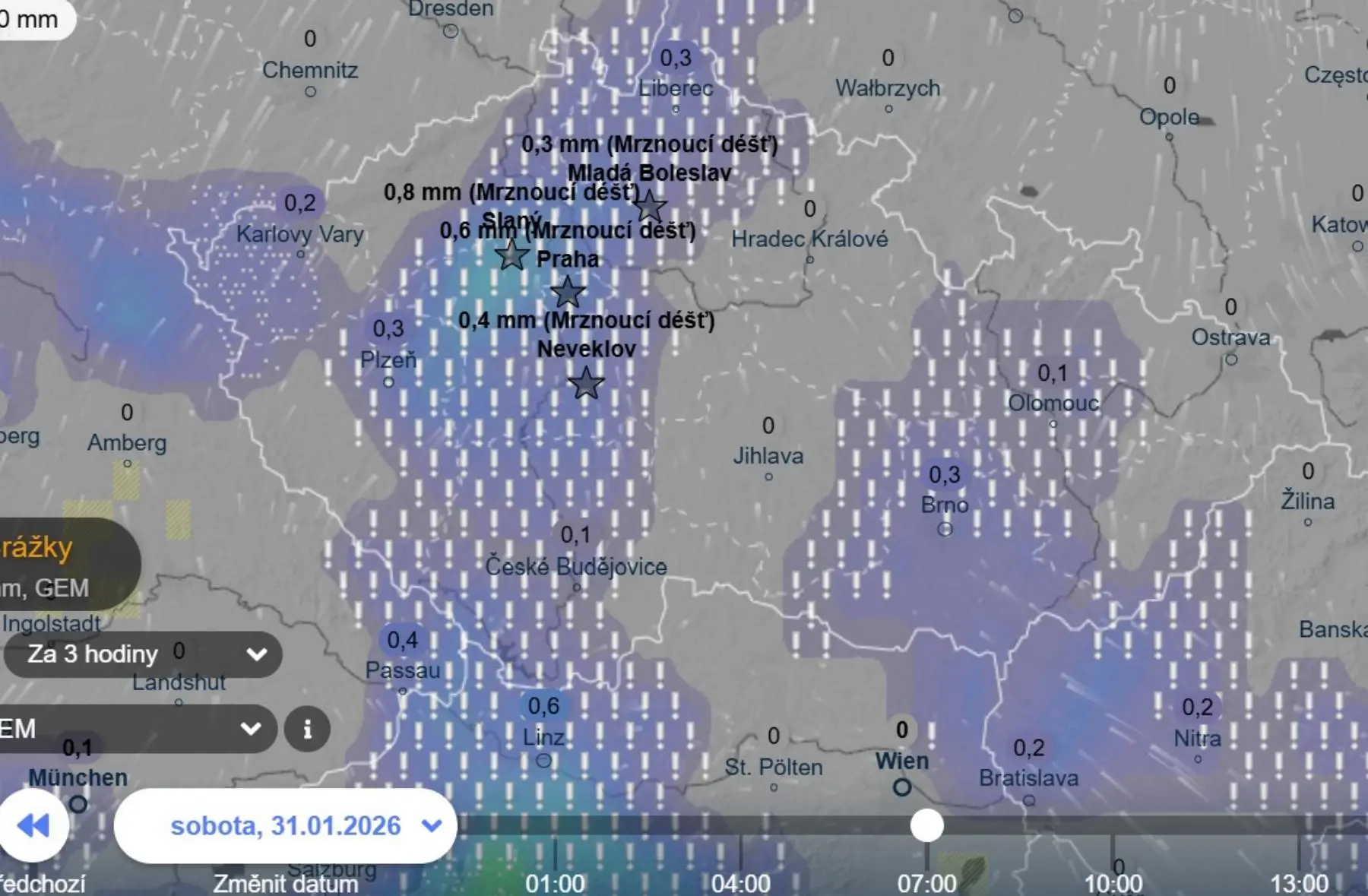 Srážky v sobotu podle GEM