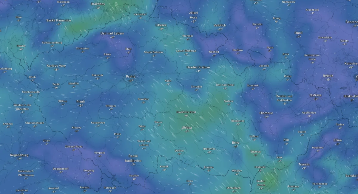 Snímek obrazovky 2026-01-22 v 180323 | TVGURU.cz Mapa zobrazující počasí v ČR 22. ledna.