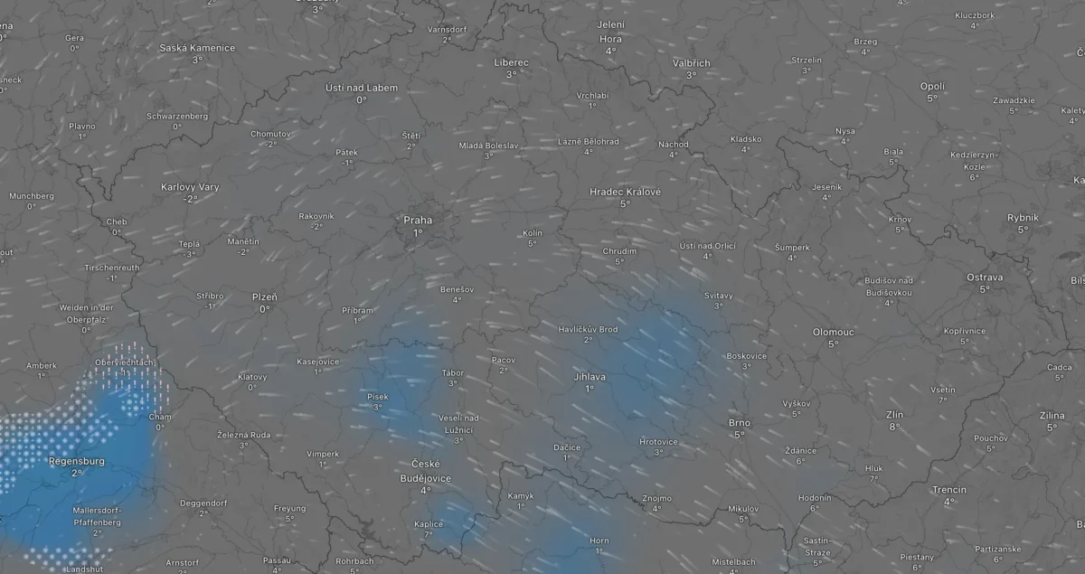 Snímek obrazovky 2026-01-22 v 180513 | TVGURU.cz Nedělní mapa ČR zobrazující déšť.