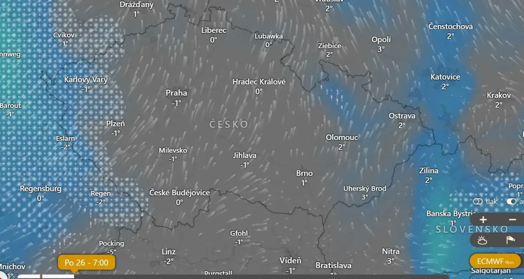 Srážky a proudění vzduchu v pondělí ráno