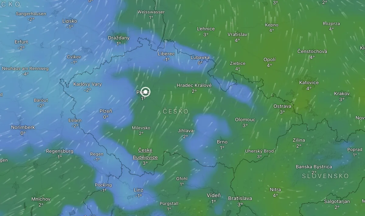 Snímek obrazovky 2026-01-25 v 231354 | TVGURU.cz Mapa zobrazující počasí v pondělí dopoledne.