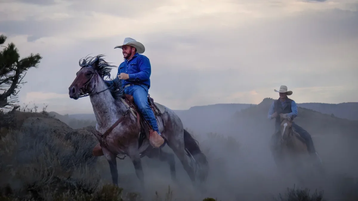 Muži jedou na koních.