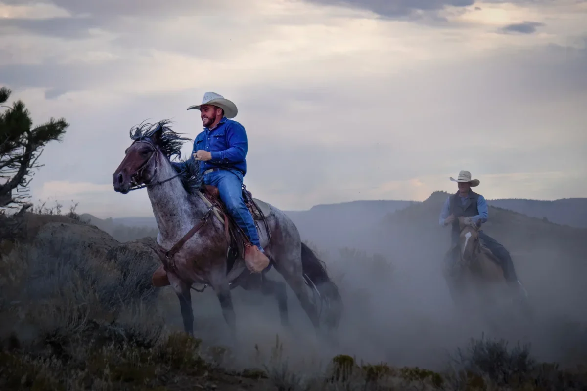 Muži jedou na koních.