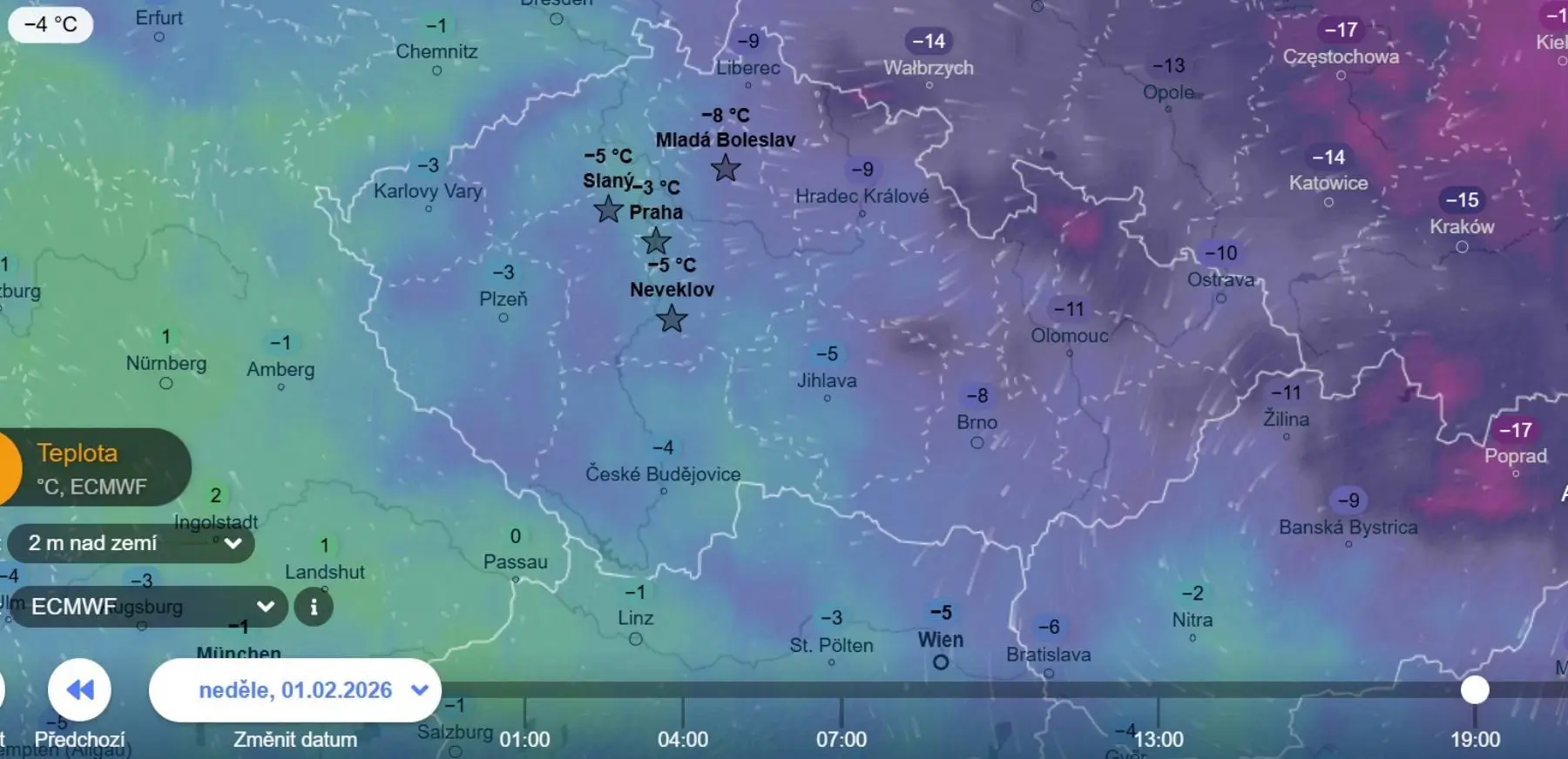Teploty 1. února večer podle ECMWF