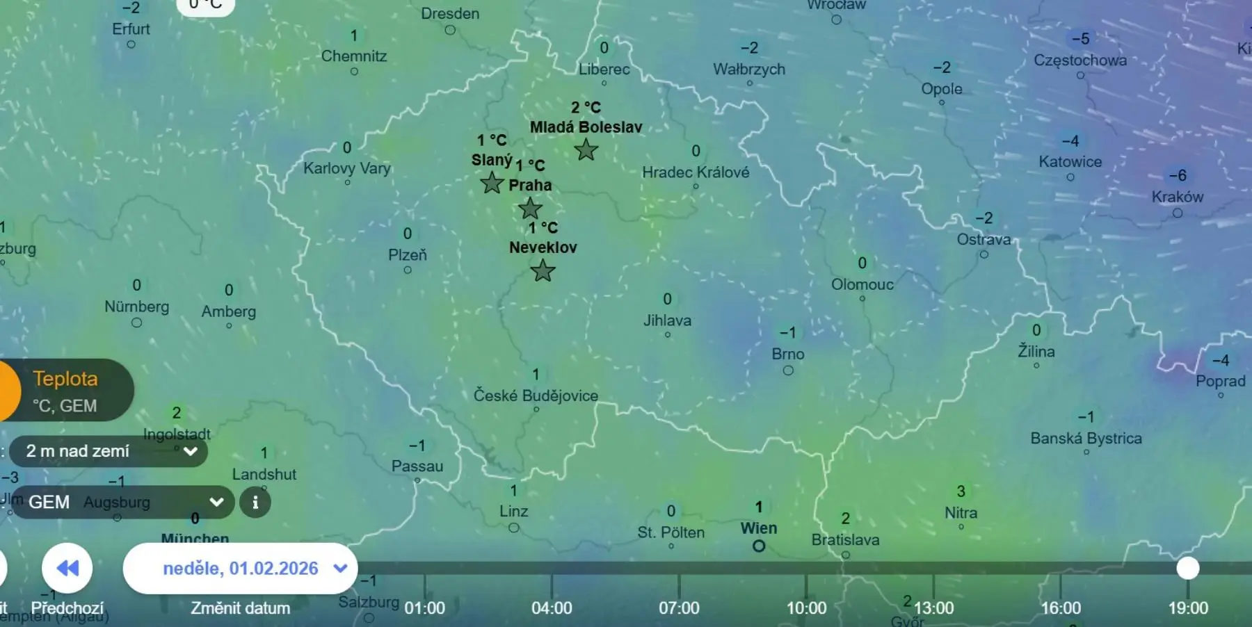 Teploty 1. února večer podle GEM