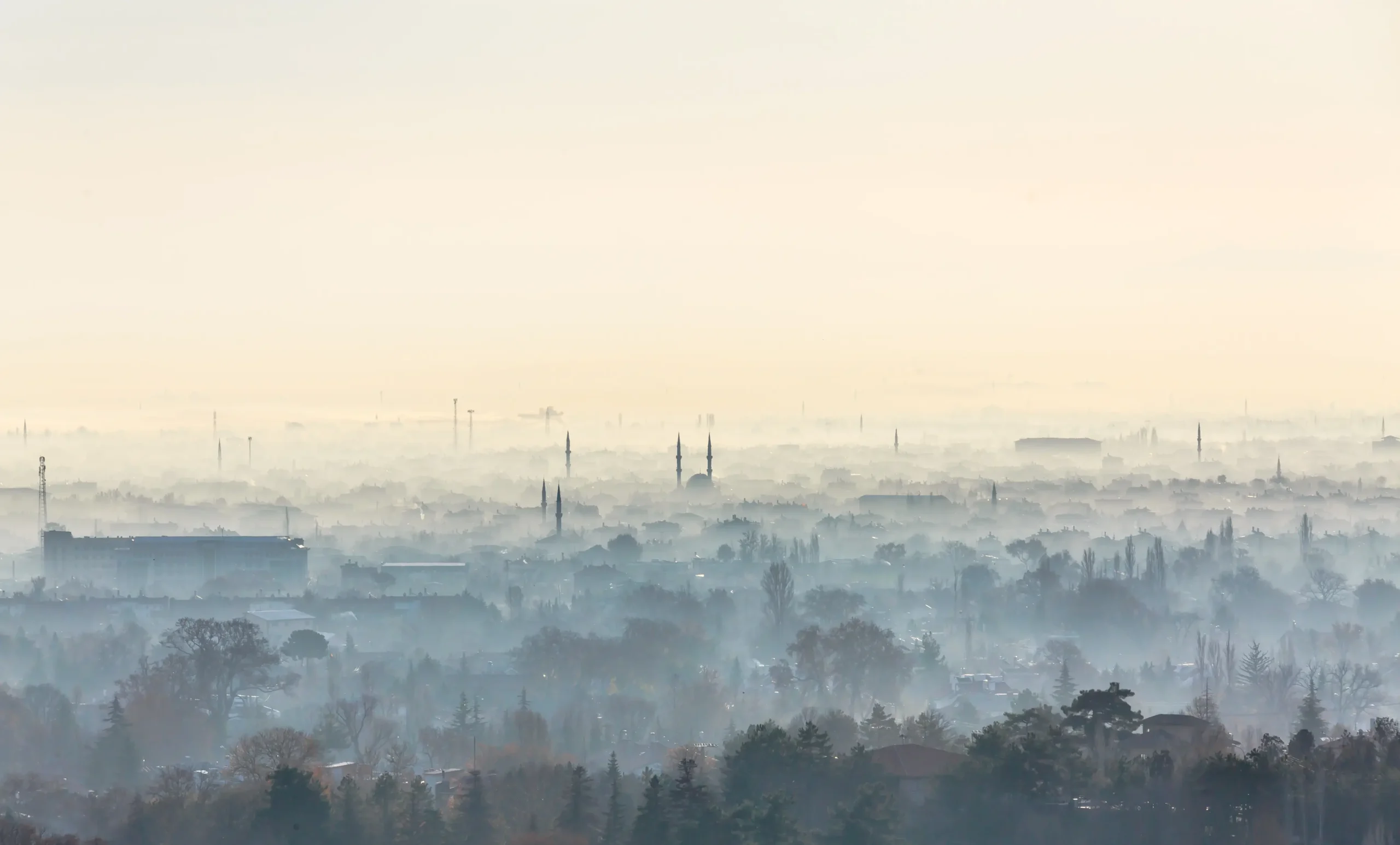 Město je schované v mlze.