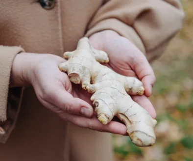 Žena drží v ruce zázvor.