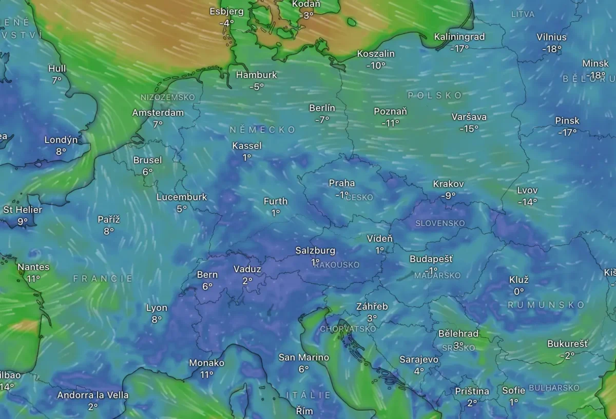 Snímek obrazovky 2026-01-29 v 103411 | TVGURU.cz Mapa zobrazující počasí na neděli