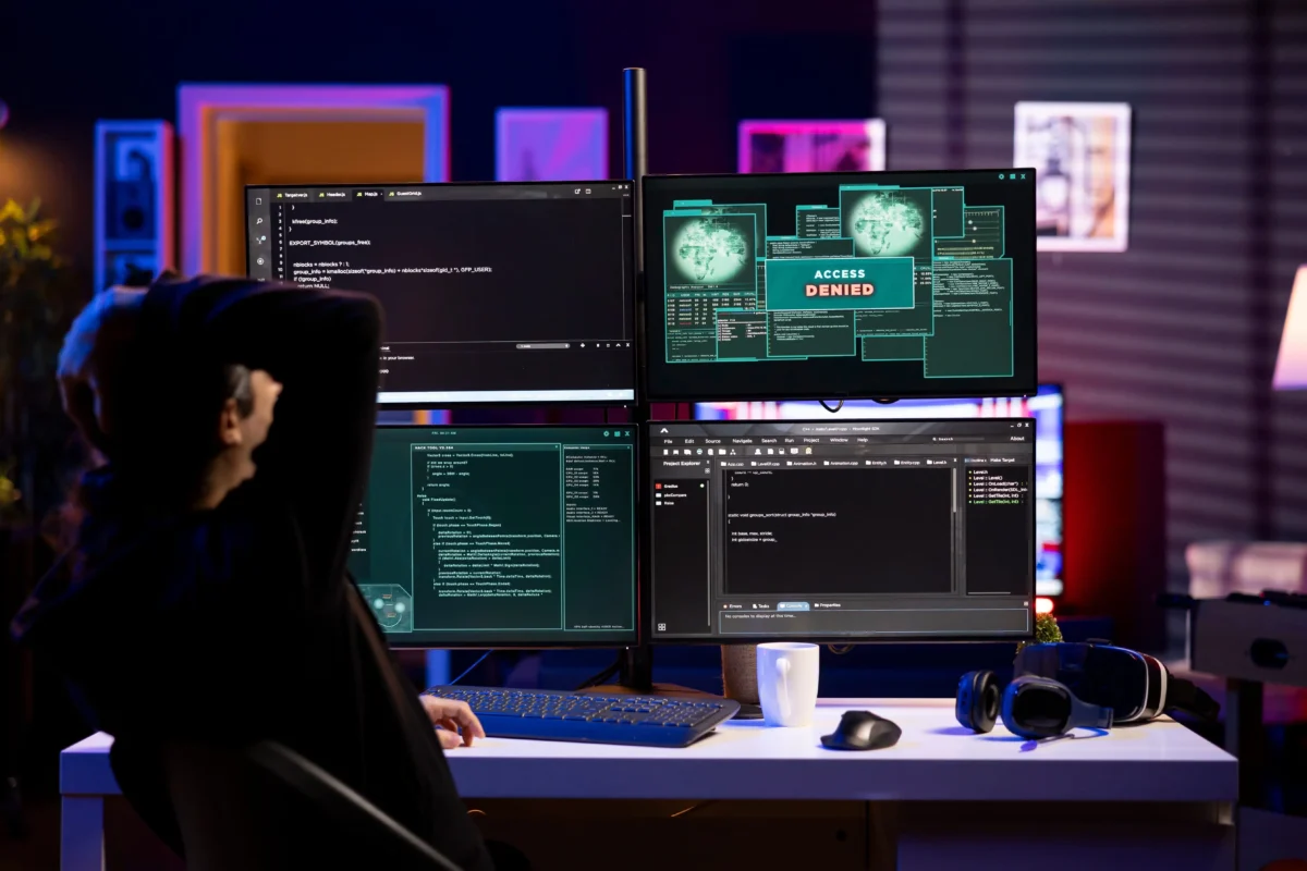 muž u počítačových obrazovek