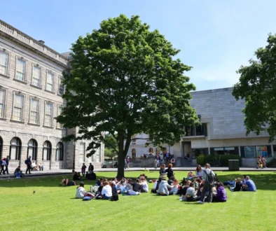 Studenti sedí na trávníku před školou.