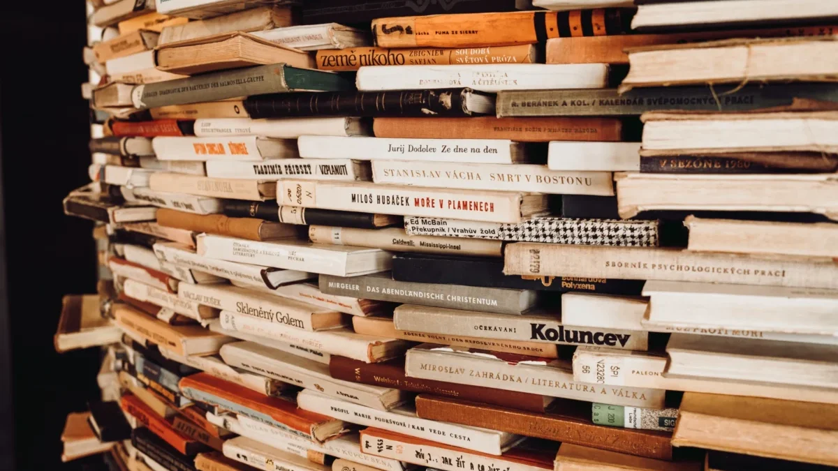 Na sobě jsou vyskládané knihy.