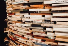 Na sobě jsou vyskládané knihy.