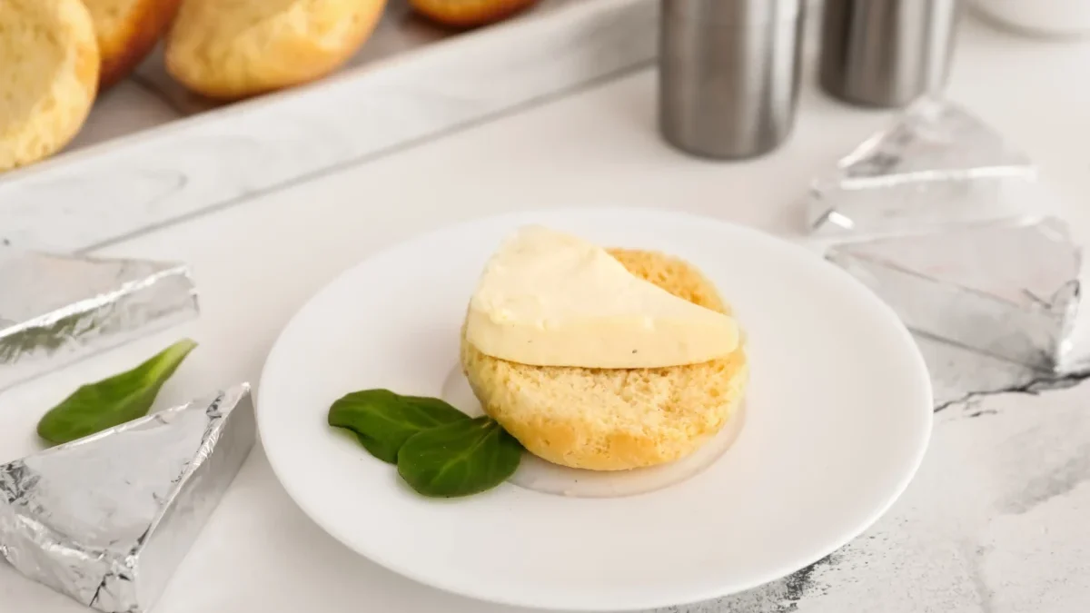 Na talíři je nandané pečivo s taveným sýrem.