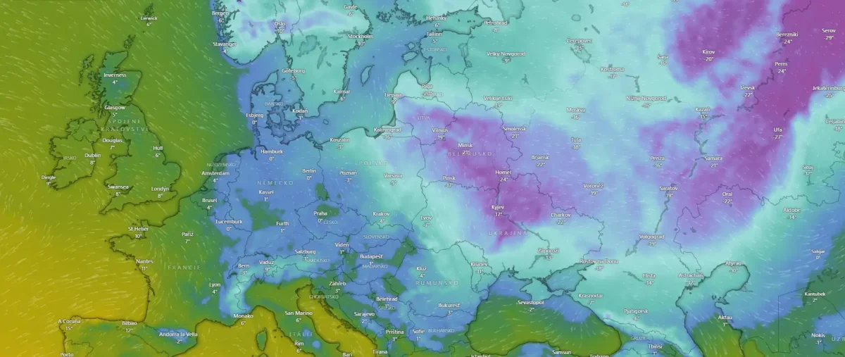 mapa nad evropou ukazuje nízké teploty okolo ČR