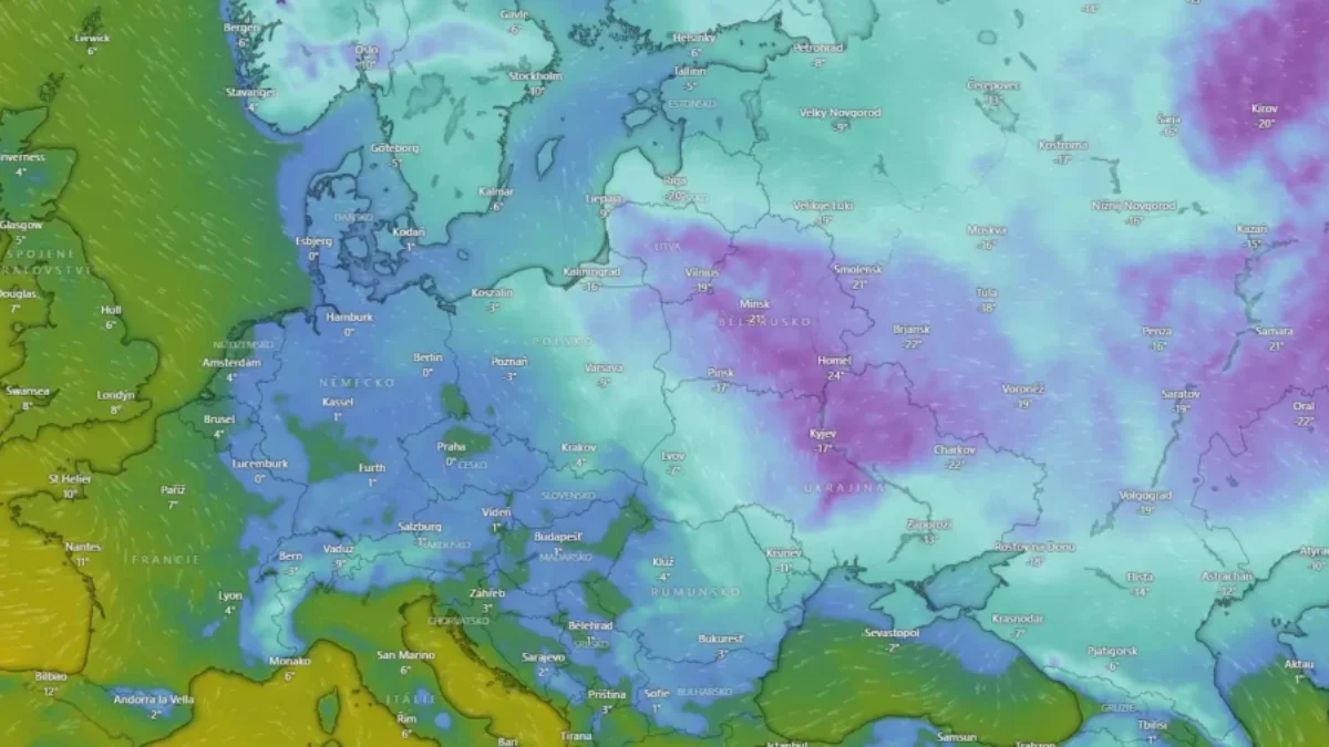 mapa nad evropou ukazuje nízké teploty okolo ČR