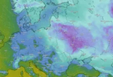 mapa nad evropou ukazuje nízké teploty okolo ČR
