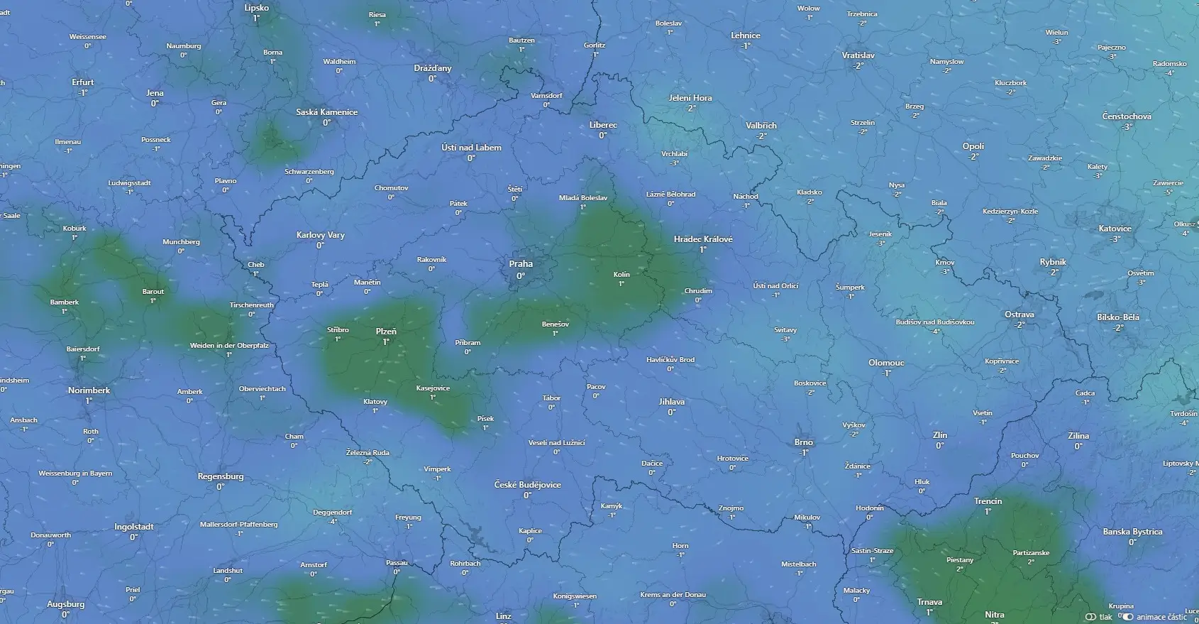 Meteorologická mapa s teplotou