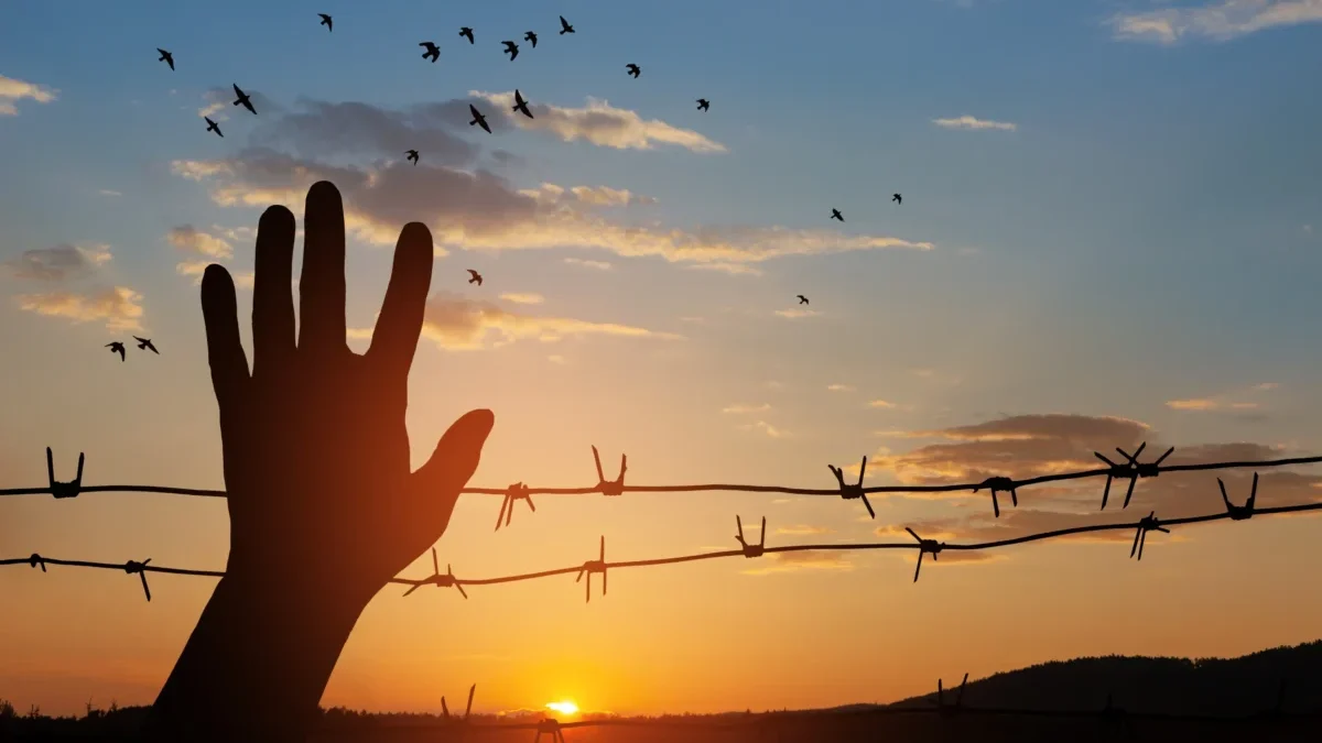 Ruka mává před ostnatým drátem.