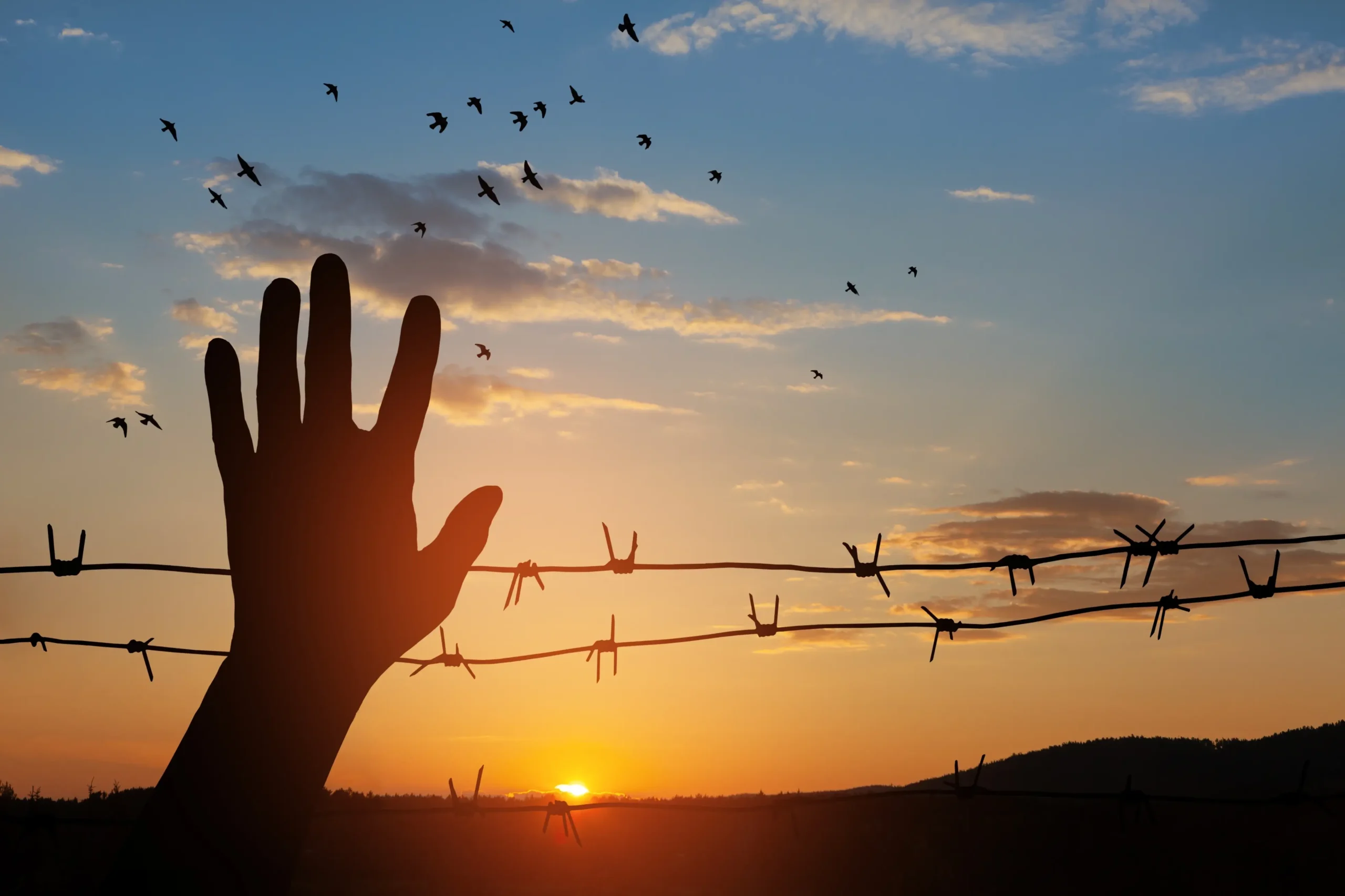Ruka mává před ostnatým drátem.