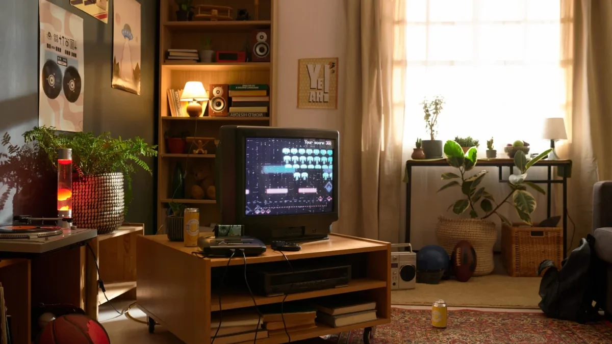 Retro obývací pokoj s televizí.